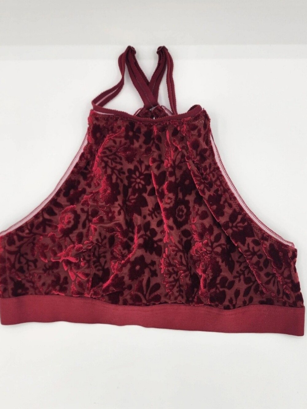 Aerie Velvet Floral High Neck Bralette Burgundy Sz Small